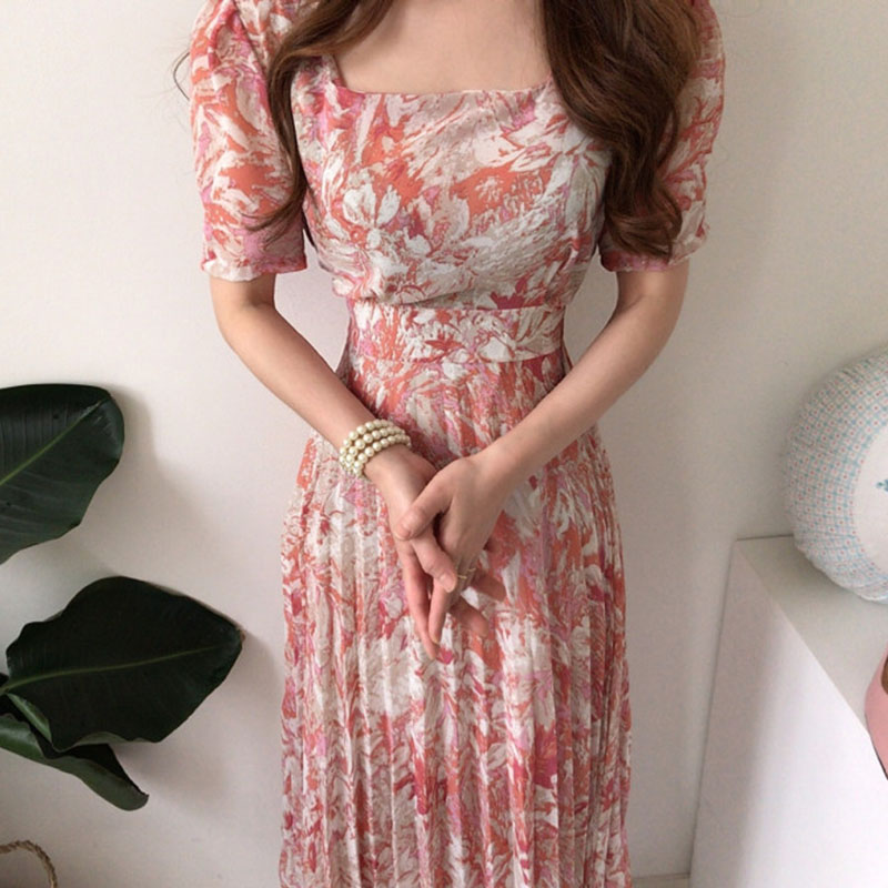 韩国chic早春小众优雅方领水墨花朵印花收腰显瘦泡泡袖褶皱连衣裙