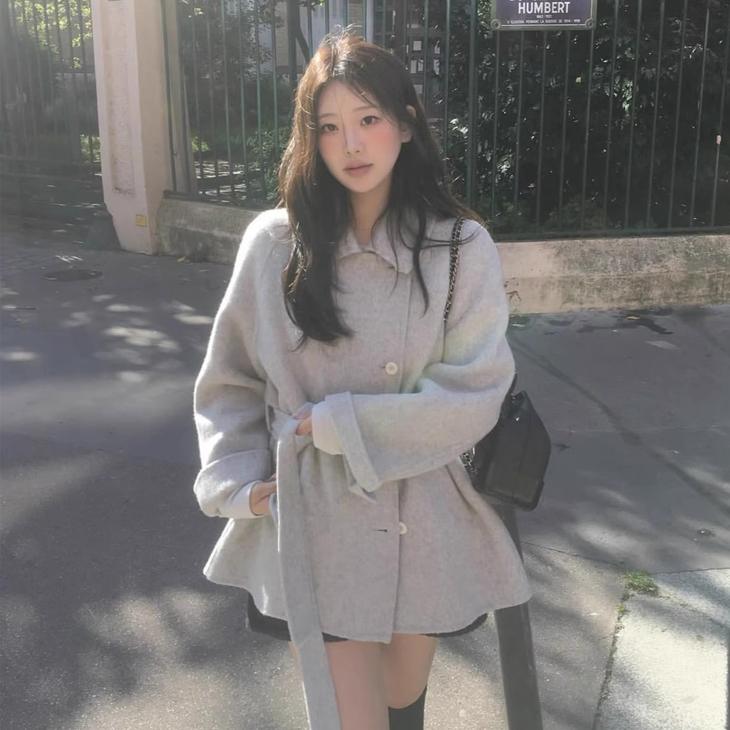 小排扣绑带收腰毛呢外套