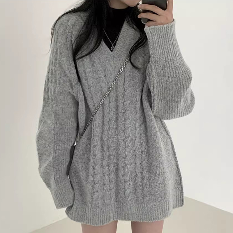 韩国chic法式慵懒风圆领麻花纹纯色宽松休闲中长款针织长袖毛衣女