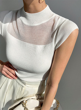 白色微透冰丝针织衫女装夏季新款修身显瘦气质半高领坎肩背心上衣