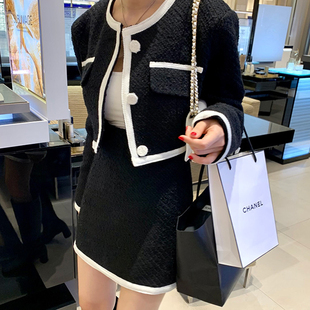 韩国chic秋季复古小香风圆领短款粗花呢外套+高腰显瘦包臀半身裙