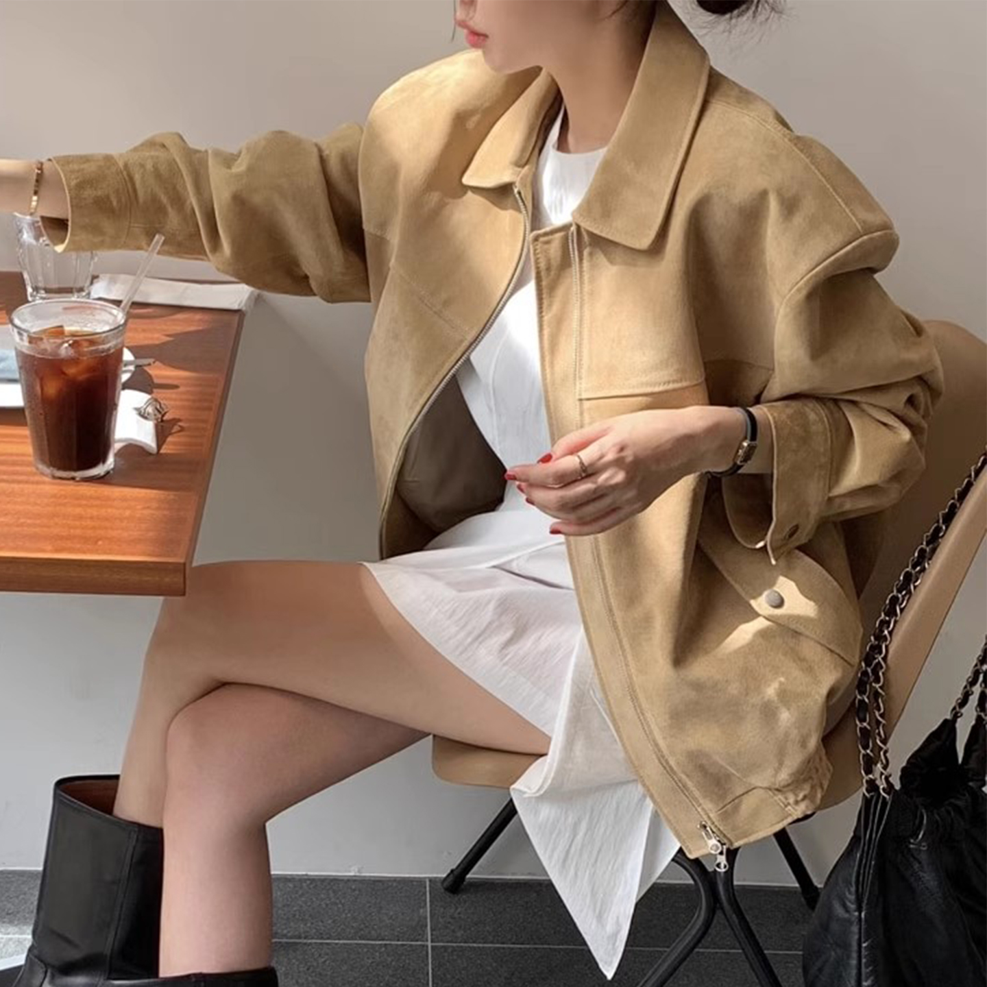 复古美拉德翻领仿鹿皮绒短外套女