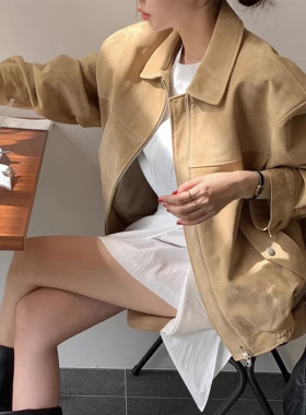复古美拉德翻领仿鹿皮绒短外套女