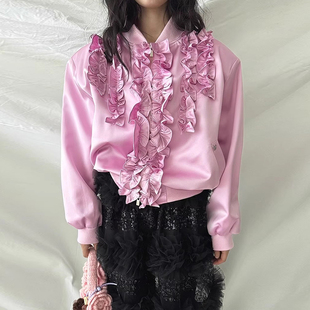 夹克外套 甜美减龄立领拼接荷叶边点缀光泽感长袖 韩国chic秋季 新款