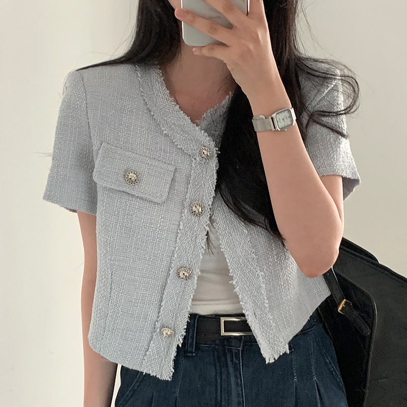 拼接毛边宽松百搭短袖粗纺外套