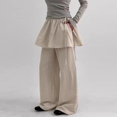 一片式 韩国chic夏季 长裤 宽松休闲裤 系带叠穿屁帘两件套 复古个性