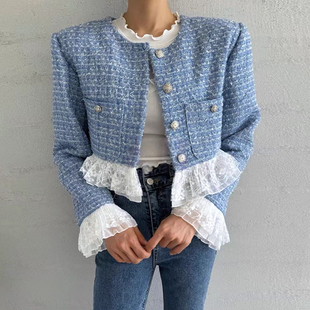 韩国chic秋季 气质小香风别致纽扣拼接花边设计感粗花呢外套女 新款