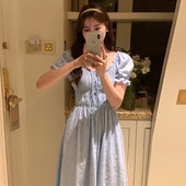 长款 韩系chic夏季 温柔方领露锁骨收腰显瘦泡泡袖 法式 连衣裙女 新款