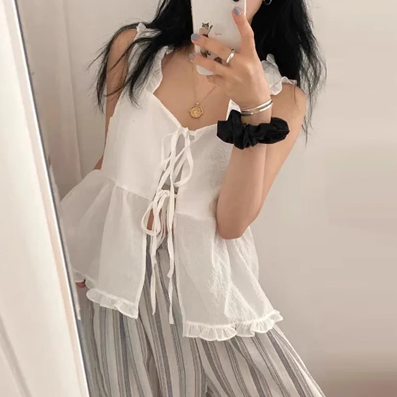 良良家系带蝴蝶结两面穿吊带女夏季新款小众设计感叠穿木耳边背心