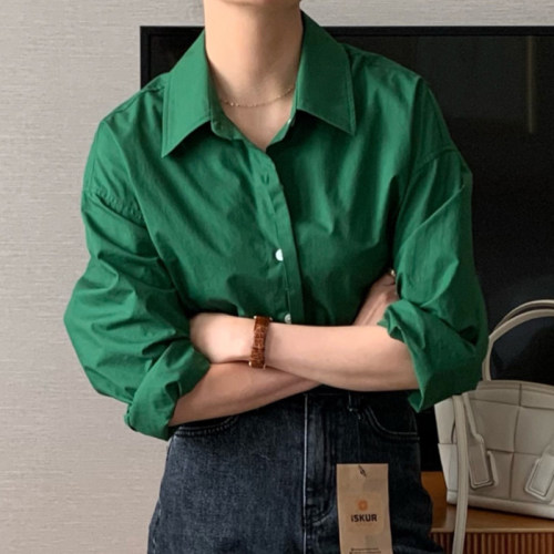 chic翻领单排扣宽松长袖打底衬衫