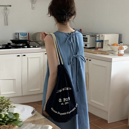 chic圆领露背系带牛仔背心连衣裙