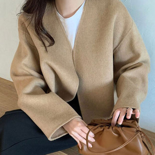 秋冬慵懒风V领纯色宽松百搭长袖 韩国chic极简主义 毛呢短外套女