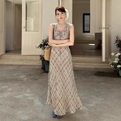 良良家荷叶边系带格纹雪纺背心连衣裙女夏季 新款 收腰显瘦长裙子