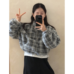 良良家慵懒风立领格纹羊羔毛卫衣女冬季新款宽松加厚短款棉衣外套