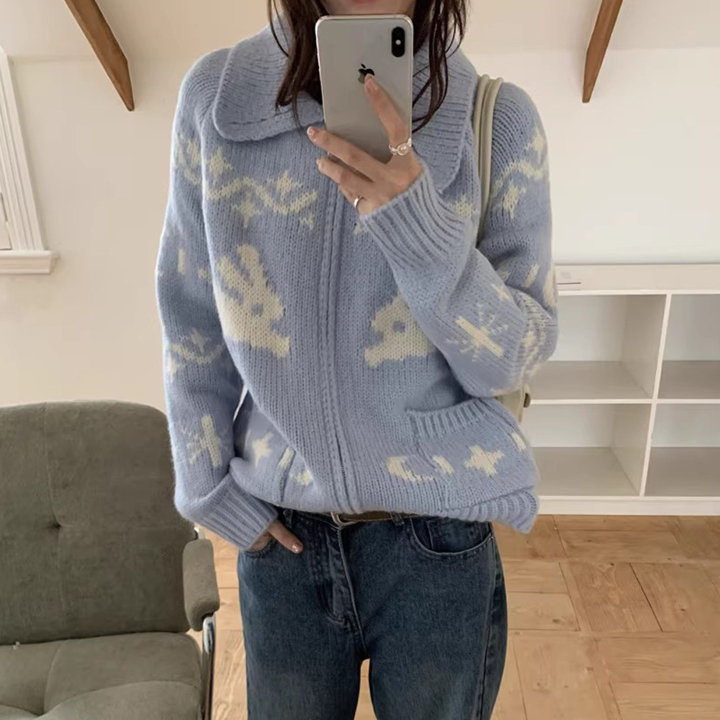 小兔子提花撞色针织开衫外套