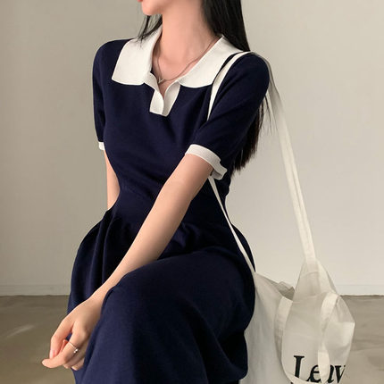 韩国chic夏季法式优雅polo领撞色收腰显瘦中长款短袖针织连衣裙女