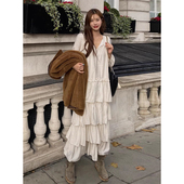 韩国chic早春温柔气质V领宽松休闲拼接层次感长袖 蛋糕裙连衣裙女