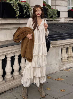 韩国chic早春温柔气质V领宽松休闲拼接层次感长袖蛋糕裙连衣裙女