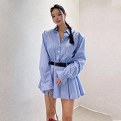 宽松百搭衬衫 学院风撞色条纹翻领压褶长袖 连衣裙女早春新款 裙短裙