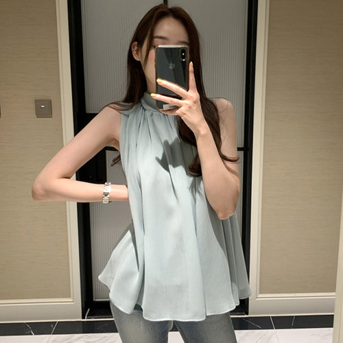 chic立领褶皱感宽松无袖背心衬衫