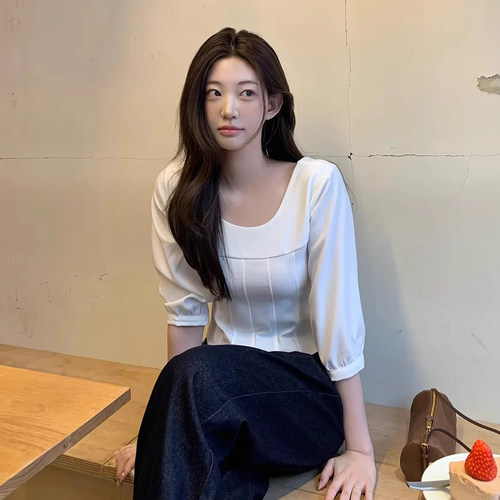 简约纯色U领七分袖短款衬衫衬衣
