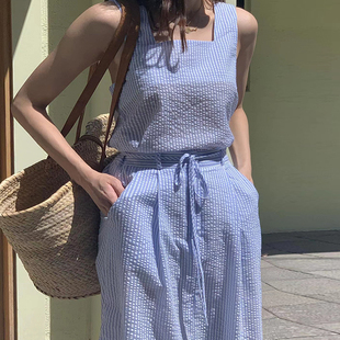 女 韩系chic夏季 小众气质方领条纹无袖 背心 高腰显瘦半身裙套装