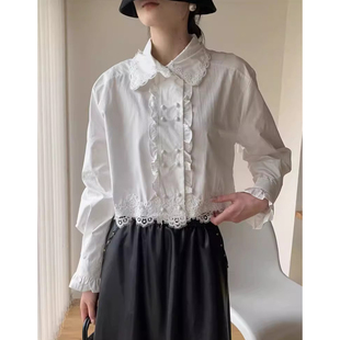 气质蕾丝钩花娃娃衫 设计感翻领拼接木耳边装 女早春法式 衬衫 饰短款