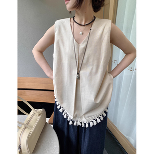 衬衫 流苏无袖 女夏季 新款 两件套 良良家时尚 蕾丝边牛仔休闲裤 套装