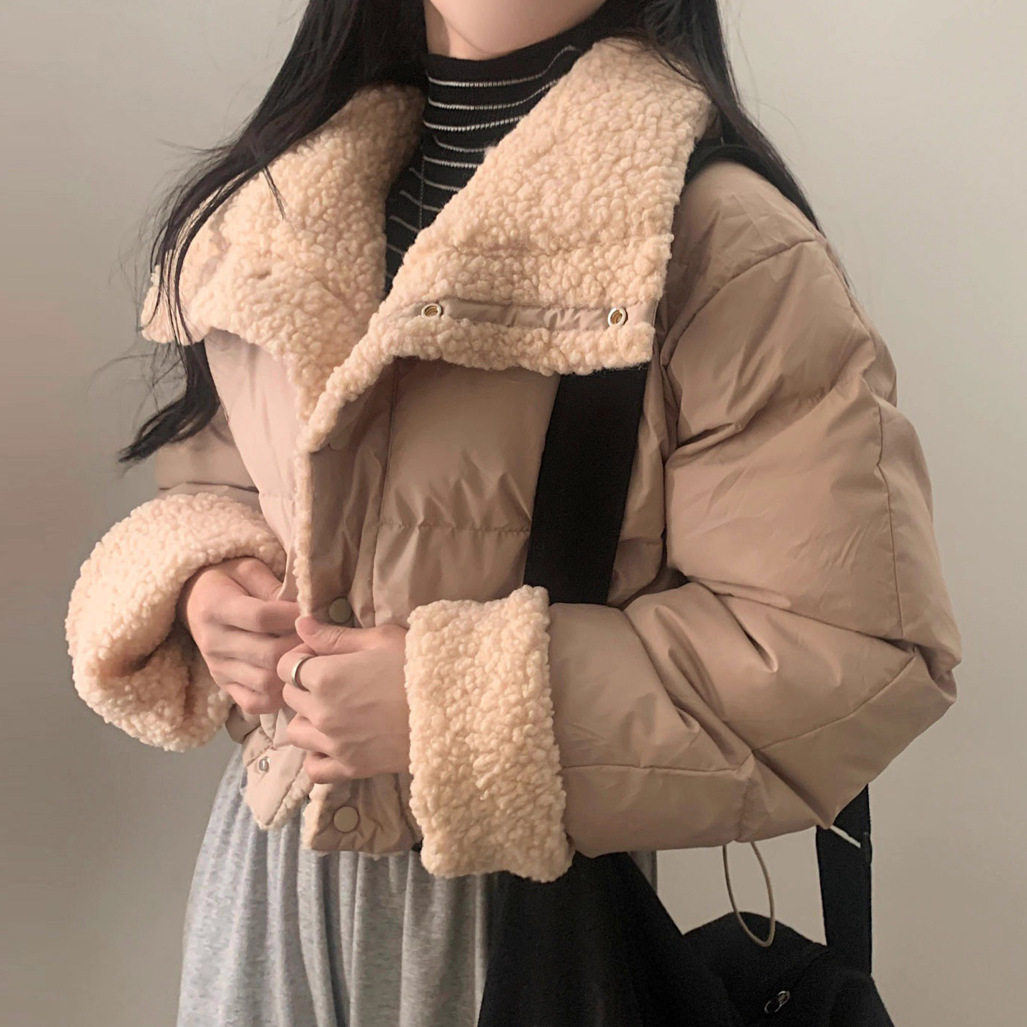 复古小众内里羊羔毛短款棉服外套