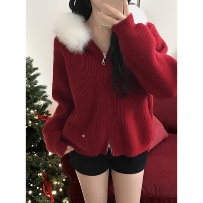 双拉链坑条大毛领连帽毛衣外套