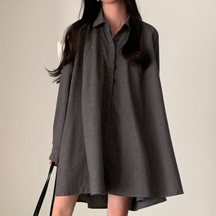 韩国chic春季复古小众翻领宽松休闲纯色长袖小个子衬衫式连衣裙女