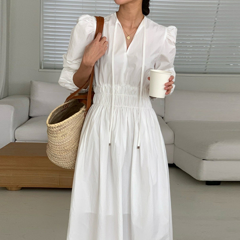 chicV领褶皱收腰泡泡袖连衣裙女