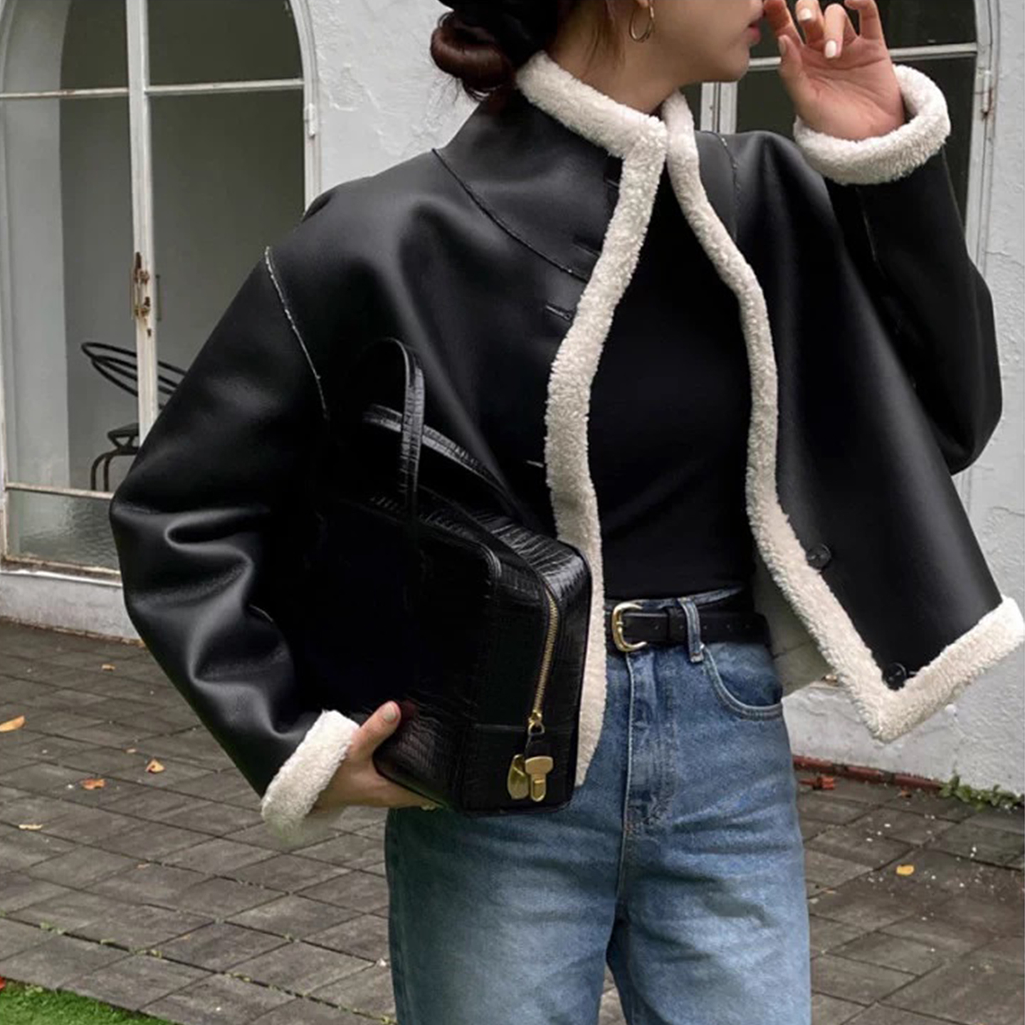 复古立领两面穿皮毛一体外套女