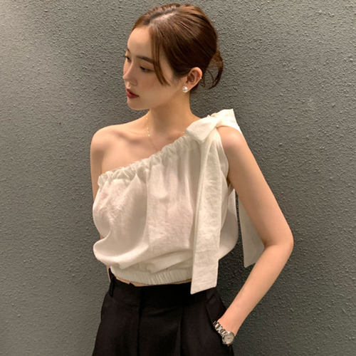 不规则露肩背心系带蝴蝶结吊带女