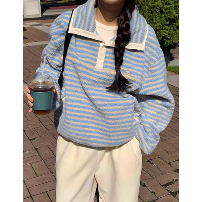 慵懒风撞色条纹套头摇粒绒卫衣