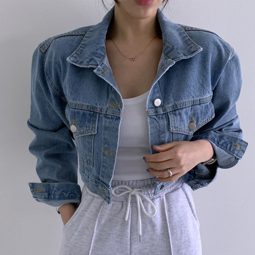 chic翻领单排扣长袖短款牛仔外套