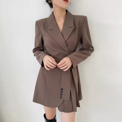 系带收腰不规则长袖连衣裙西装裙