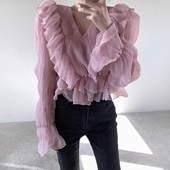 V领收腰短款 良良家 新款 女春季 上衣 温柔风褶皱肌理荷叶边雪纺衫