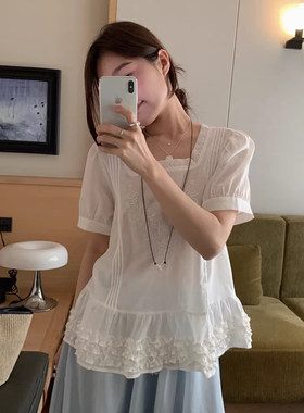 丝边方领刺绣短袖衬衫上衣女