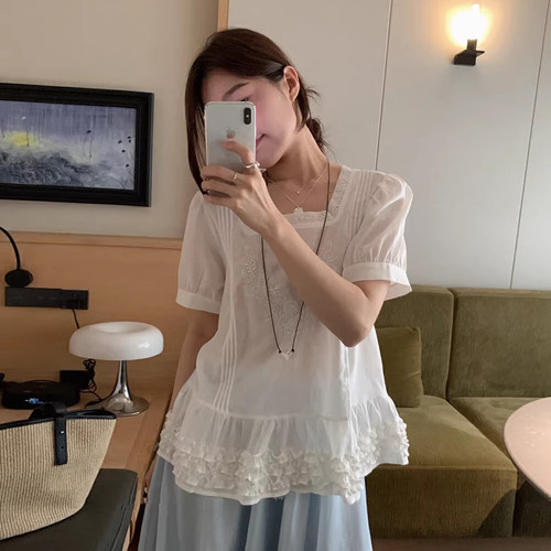 丝边方领刺绣短袖衬衫上衣女