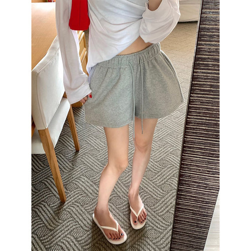 松紧腰抽绳系带阔腿休闲裤短裤女