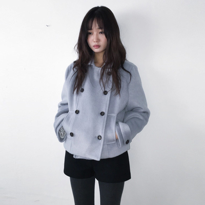 学院风翻领双排扣夹棉毛呢短外套