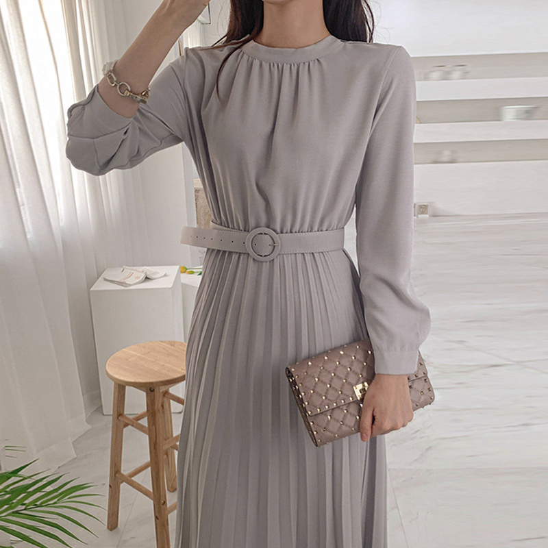 韩国chic秋季气质优雅圆领压褶收腰纯色中长款百褶连衣裙配腰带女