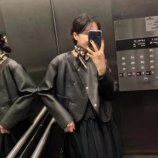 设计感不规则金属斜扣口袋PU皮外套女早春季新款宽松百搭短款皮衣