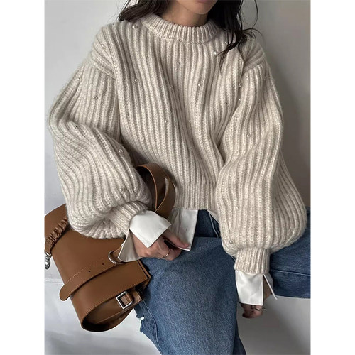 复古重工钉珠灯笼袖针织毛衣女