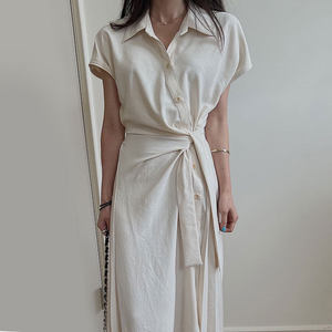 韩国chic夏季法式优雅翻领不规则绑带斜排扣拼接百褶衬衫式连衣裙