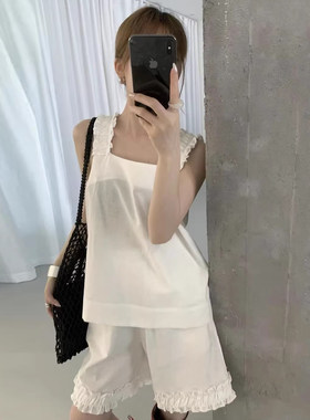 木耳边高腰短裤无袖背心两件套
