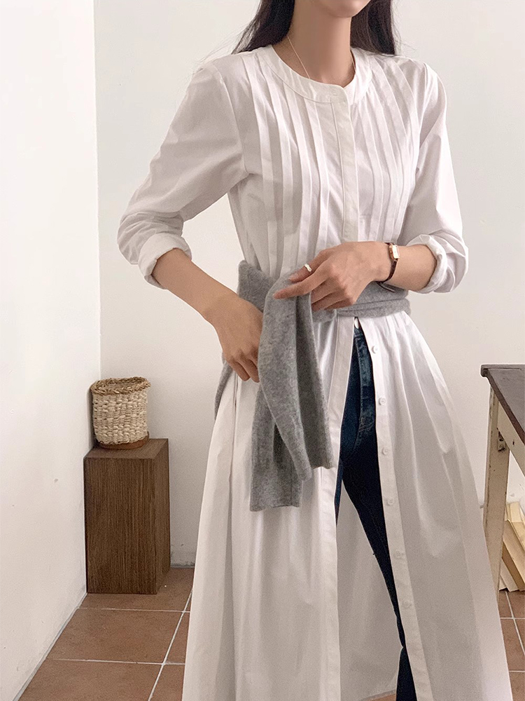 小众设计压褶白色衬衫连衣裙女