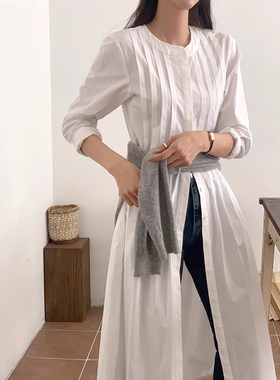 小众设计压褶白色衬衫连衣裙女