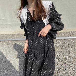 长款 洋气蕾丝海军大翻领宽松泡泡袖 波点连衣裙女 新款 韩国chic春季